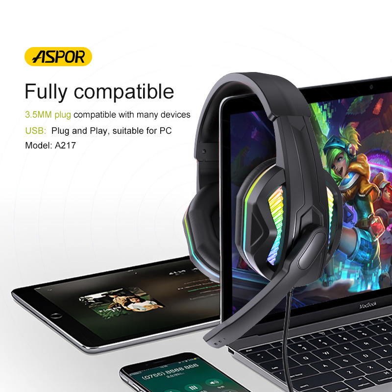 Игровая гарнитура Aspor с RGB-подсветкой и стереозвуком