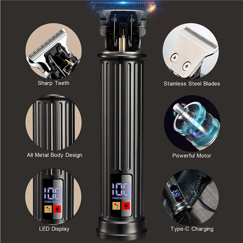 Professional Waterproof Black LED Professional Oil Head Trimmer USB Rechargeable Hair Clippers