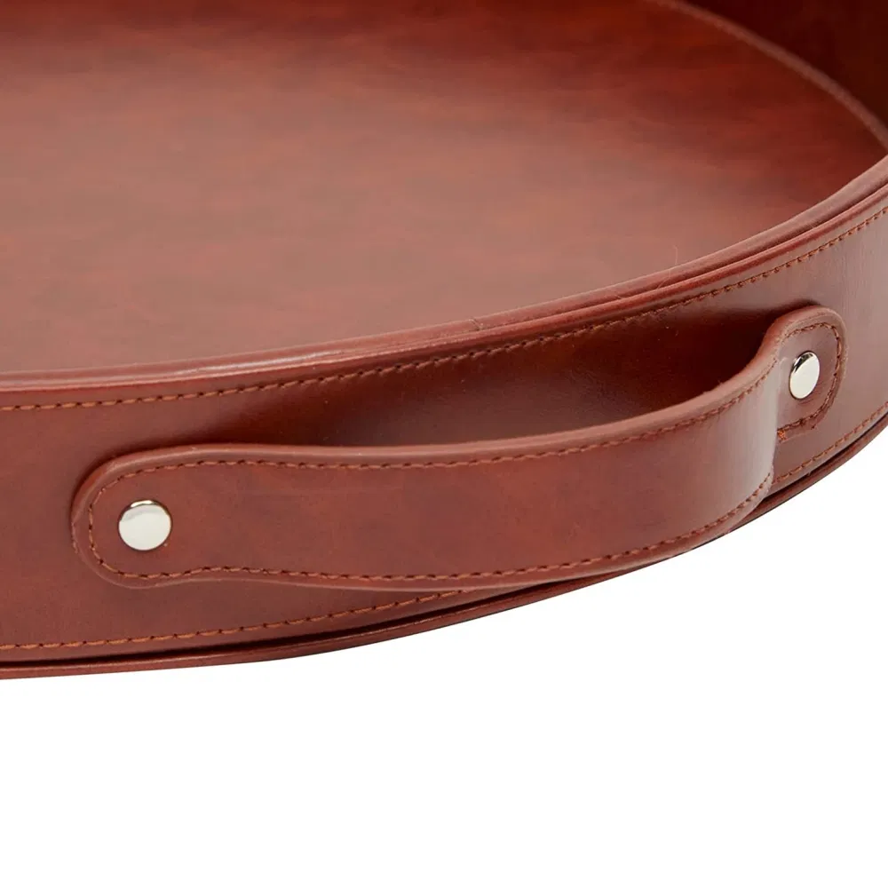 Home Table Top Organizer Decorative Hotel Coffee Trays PU Leather Round Serving Tray with Handles