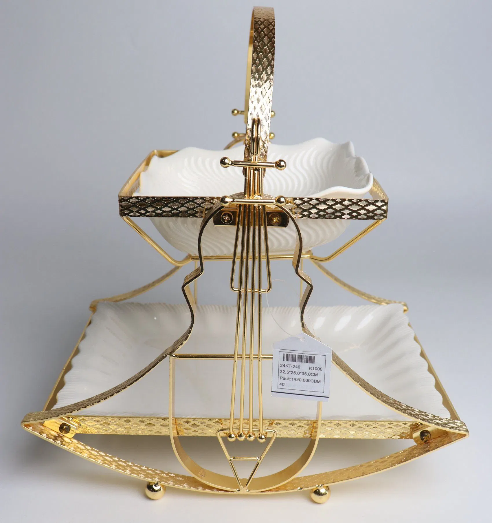 Home Ornament Gold-Plated Iron Frame with Large Size Double-Layer Ceramic Bowl