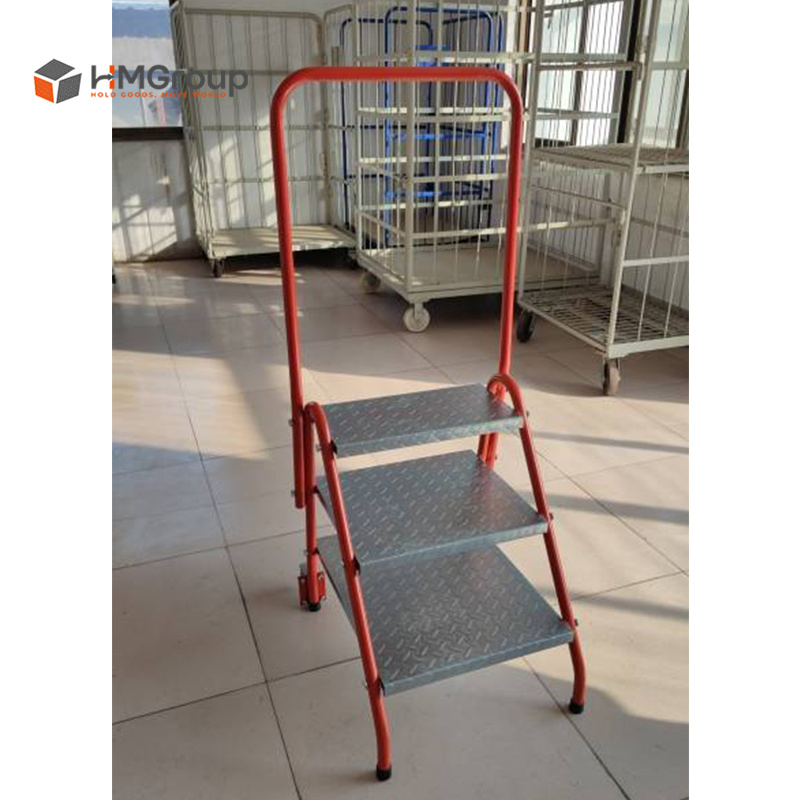 Movable Warehouse Powder Coating Zinc Metal Ladder with Wheels
