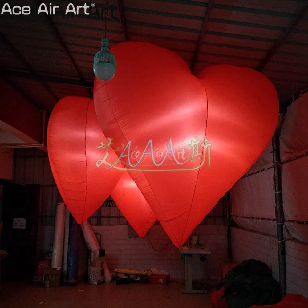 2m High Red Hanging Inflatable Heart with Lights for Love-Themed Events Decoration.