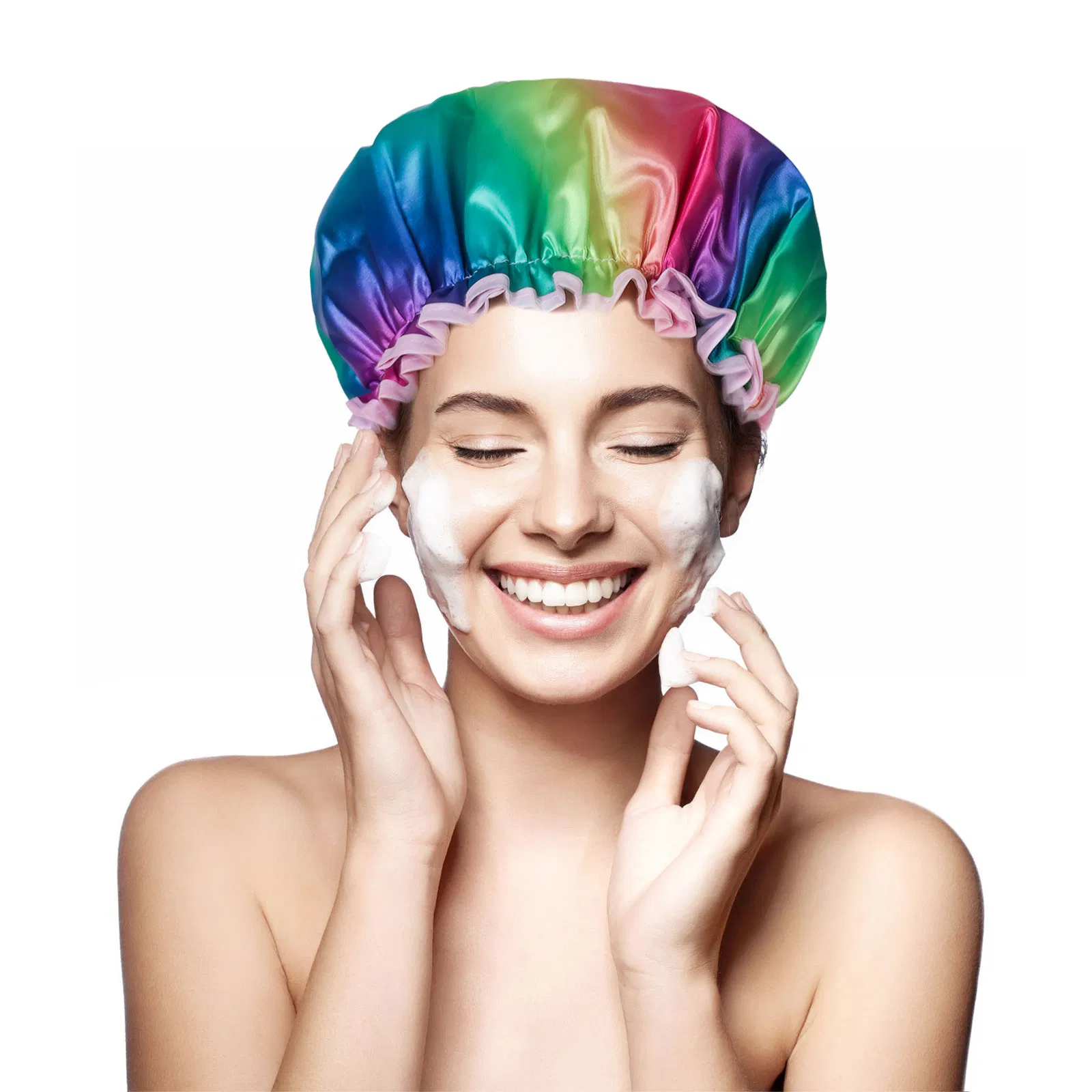 Custom Large Rainbow Double Waterproof Satin Lined Shower Cap