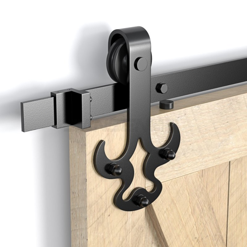 Heavy-Duty Modern Design Oxhorn Rail Carbon Steel Sliding Barn Door Hardware Kit Black Wood Track System for Home Hotel and Office