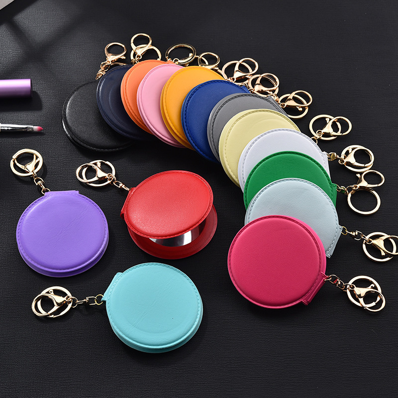 Wholesale Candy-Colored Makeup Mirror Leather Small Round Mirror Portable Folding Makeup Mirror Keychain
