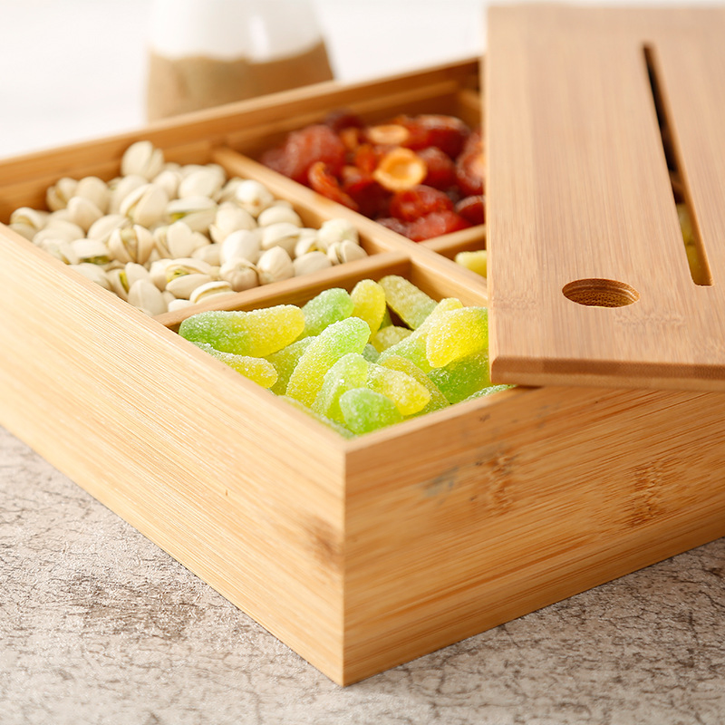 Wooden Snack Storage Box with Divider Lid for Candy and Dry Fruit