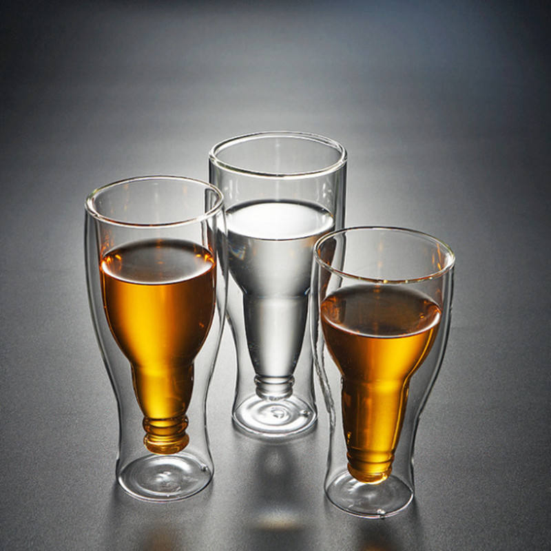 Beer Bottle-Shaped Glass Cup Double Wall Beer Cup for Parties/Bars