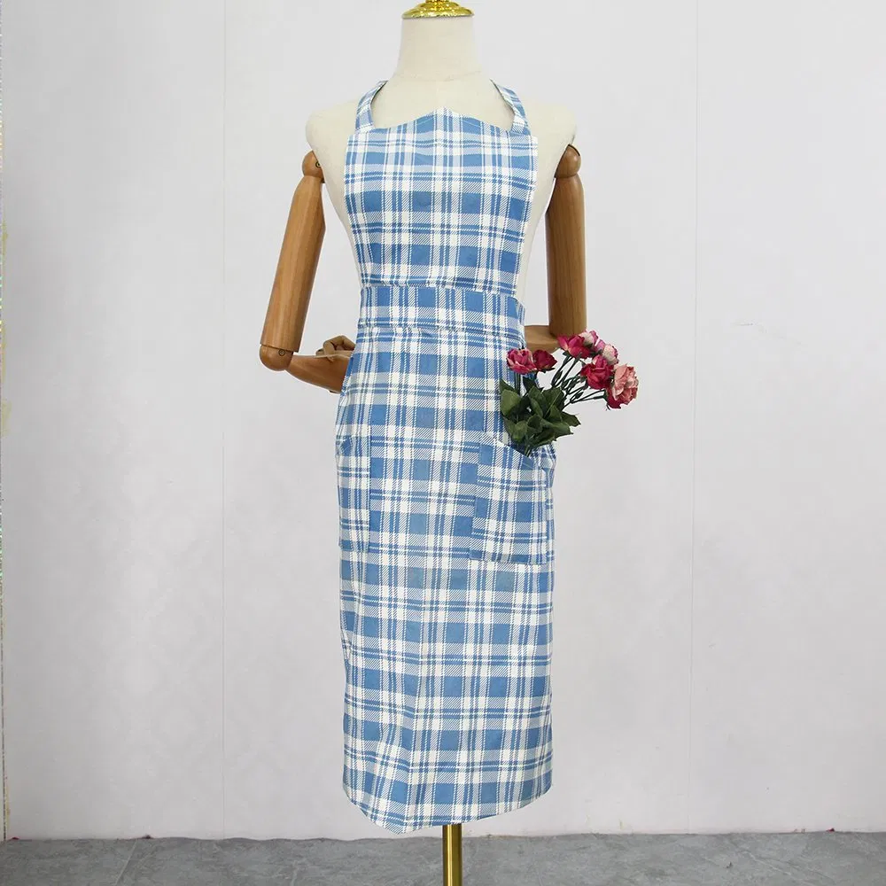 Custom Logo Printed Blue Promotion Waterproof Polyester Garden Cooking Chef Kitchen Aprons with Two Pockets