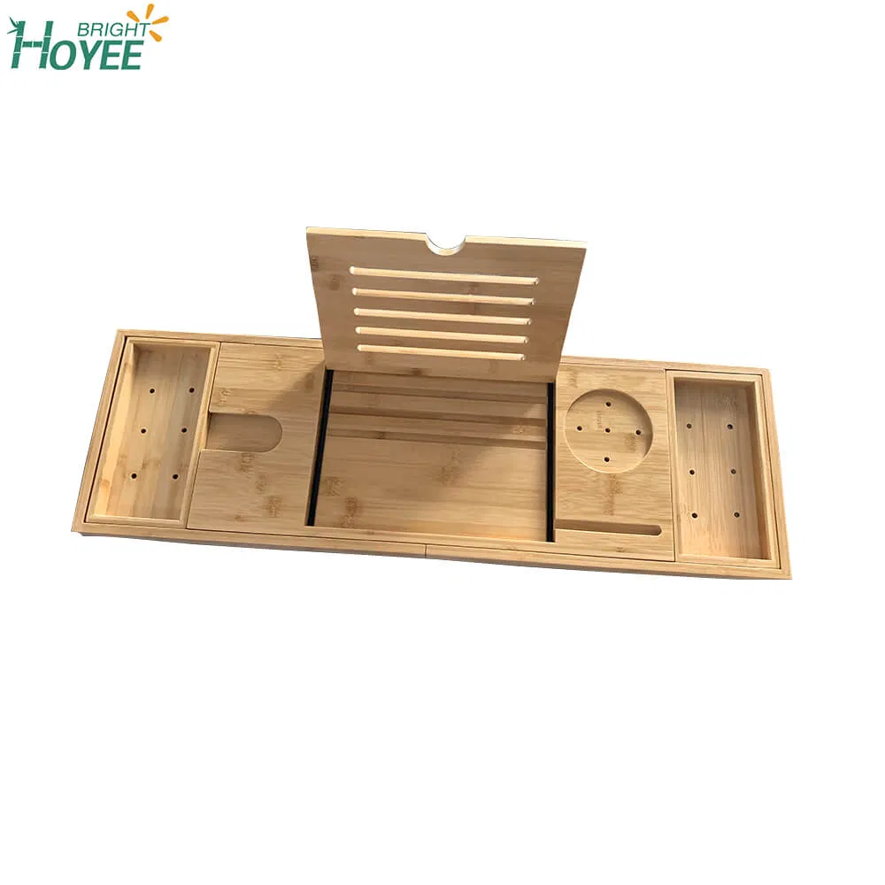 Extra Large Bamboo Bathtub Tray with Expandable Sides Holder for Book Glass Towel