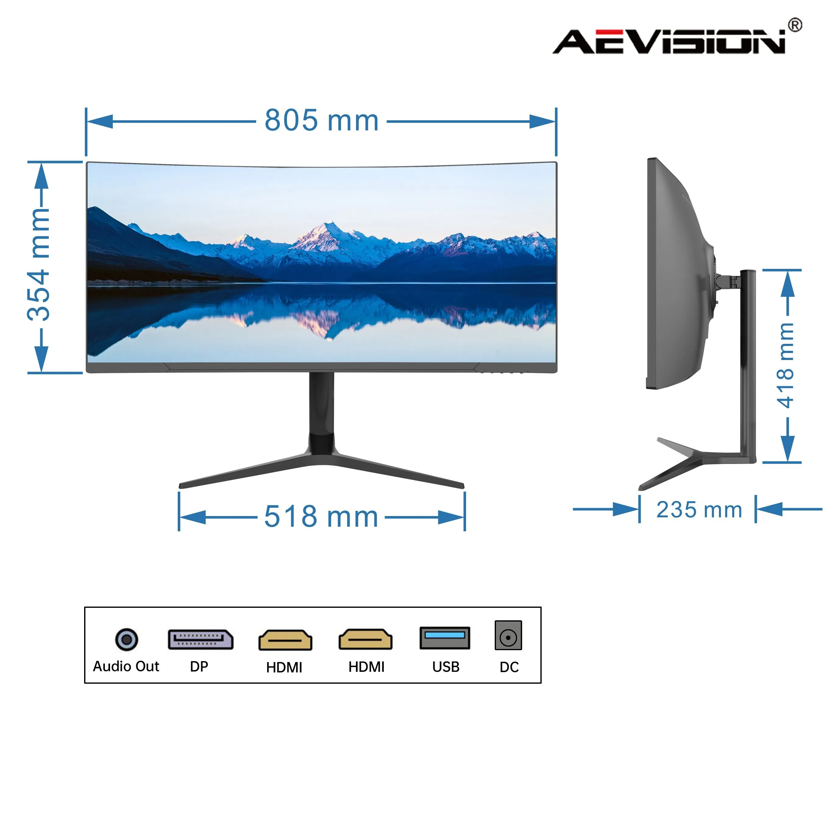 Aevision Hot Sale 34" Qhd 180Hz Ultrawide Monitor 4000: 1 Contrast Ration 1500r 1ms Response Multi-Viewer Function Display