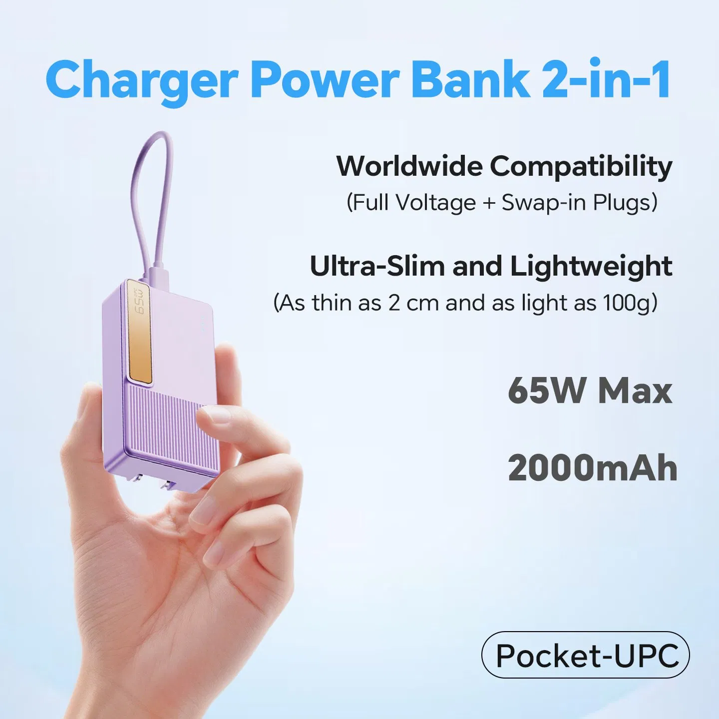 GaN Power Bank 65W с розеткой, 2000 мАч