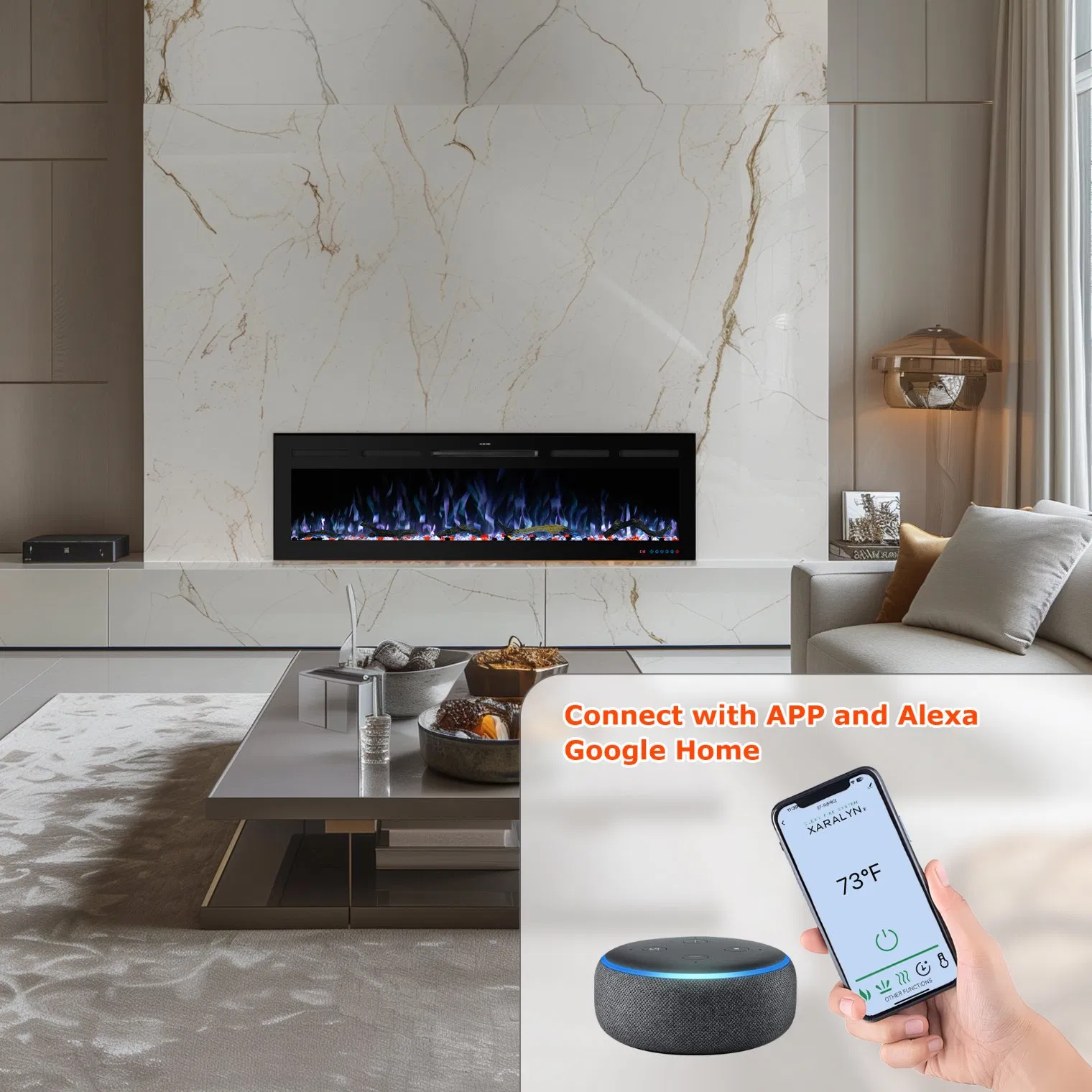 Smart LED Electric Fireplace with WiFi APP Control, 3D Realistic Flame Effect, Wall Mounted Recessed Design for Modern Home Decor