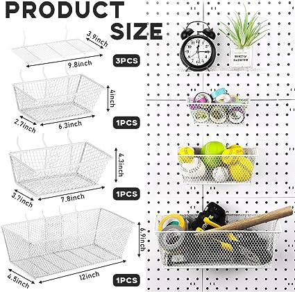 White Mesh Baskets and Mesh Racks for Pegboard 6 PCS Per Pack