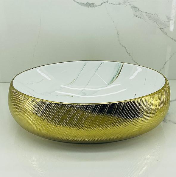 Sanitary Ware Factory Gold-Plated Countertop Ceramic Wash Basin Sink Art Basin with Marble Marbling for Hotel