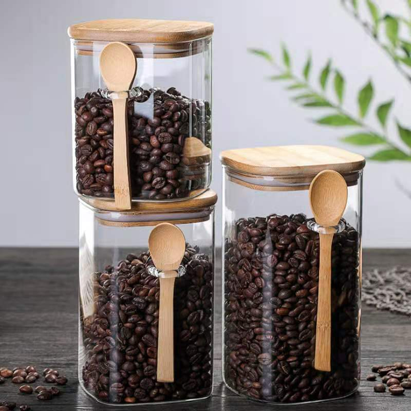 Набор стеклянных банок для кофе с деревянной крышкой и ложкой