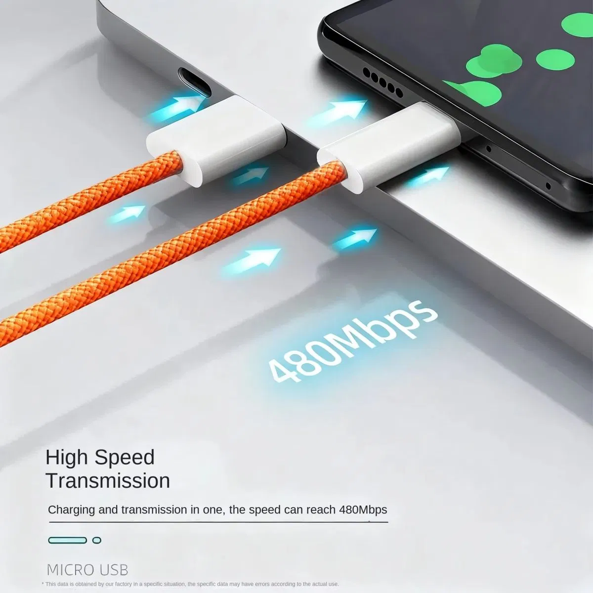 Кабель USB-C 60W оранжевый, нейлоновая оплетка