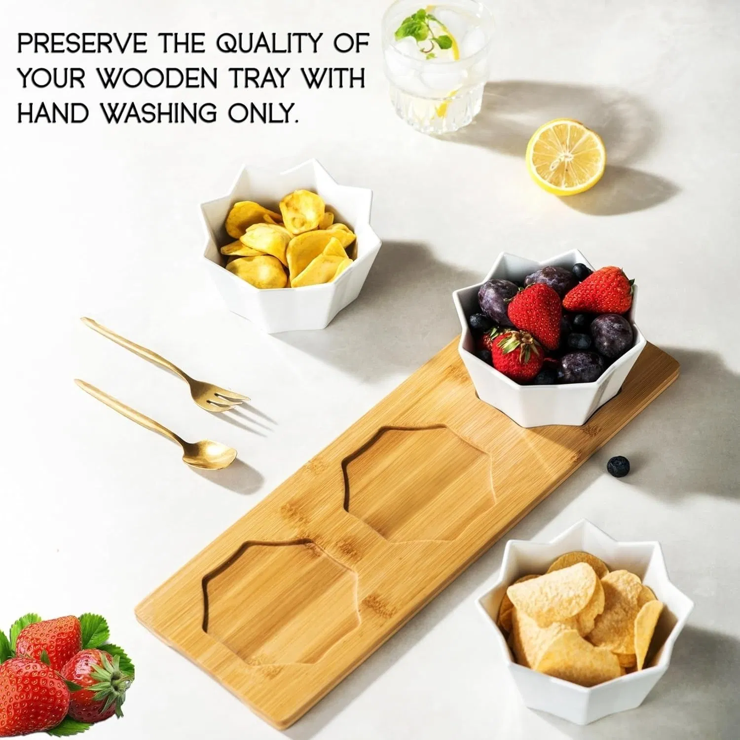 3-Section Ceramic Serving Tray Set with Bamboo Board Appetizer, Snack, DIP & Starter Platter for Parties, Holidays, Weddings