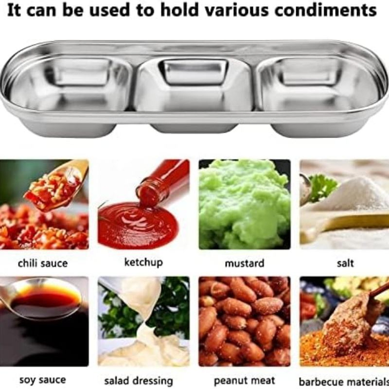 3 Grids Divided Sauce Side Dishes Stainless Steel Soy Sauce Dish Dipping Bowls for Soy Sauce Ketchup Seasoning Sushi