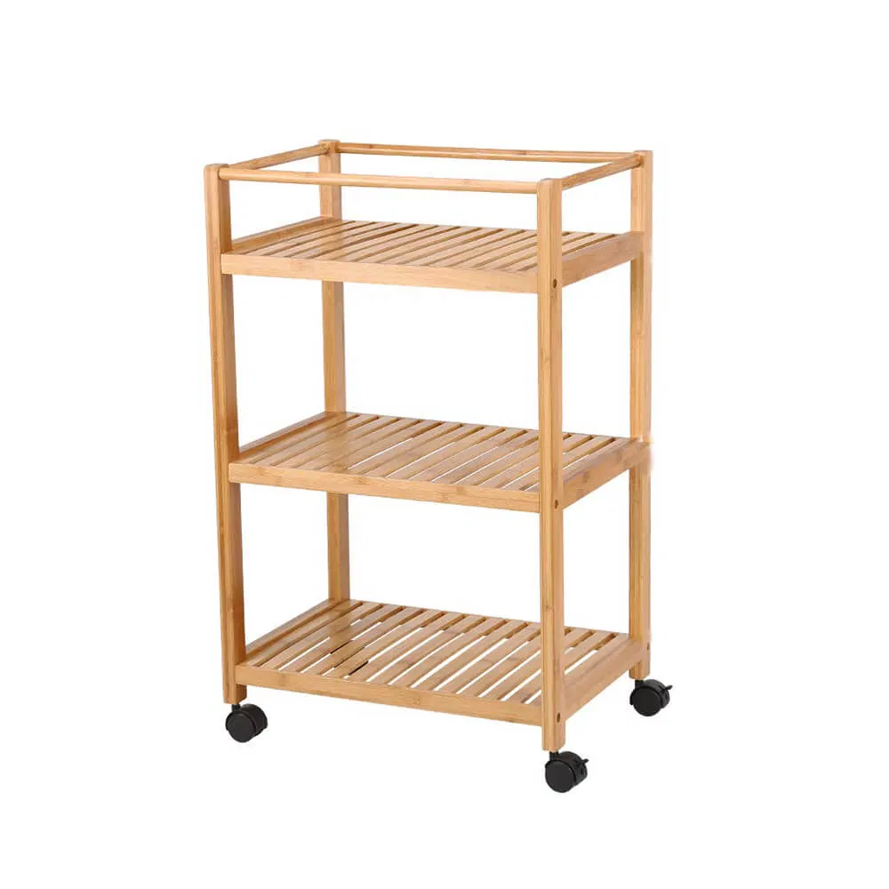 Bamboo 3 Tier Rolling Utility Service Cart Storage Shelf with Removable Hooks and Lockable Wheels