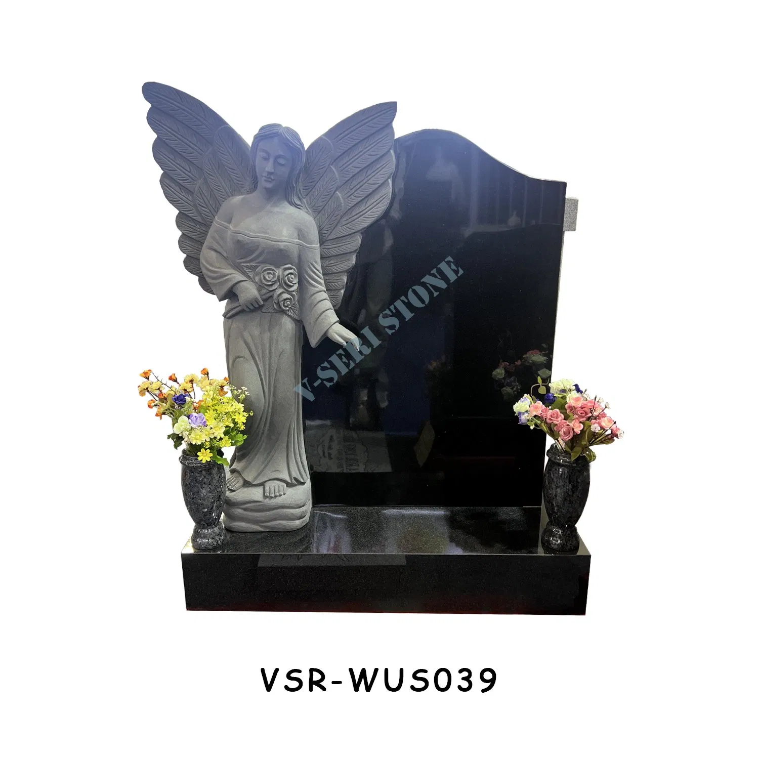 Blue Pearl Granite Headstone Gravestone Factory with Calla Pattern and Granite Vases