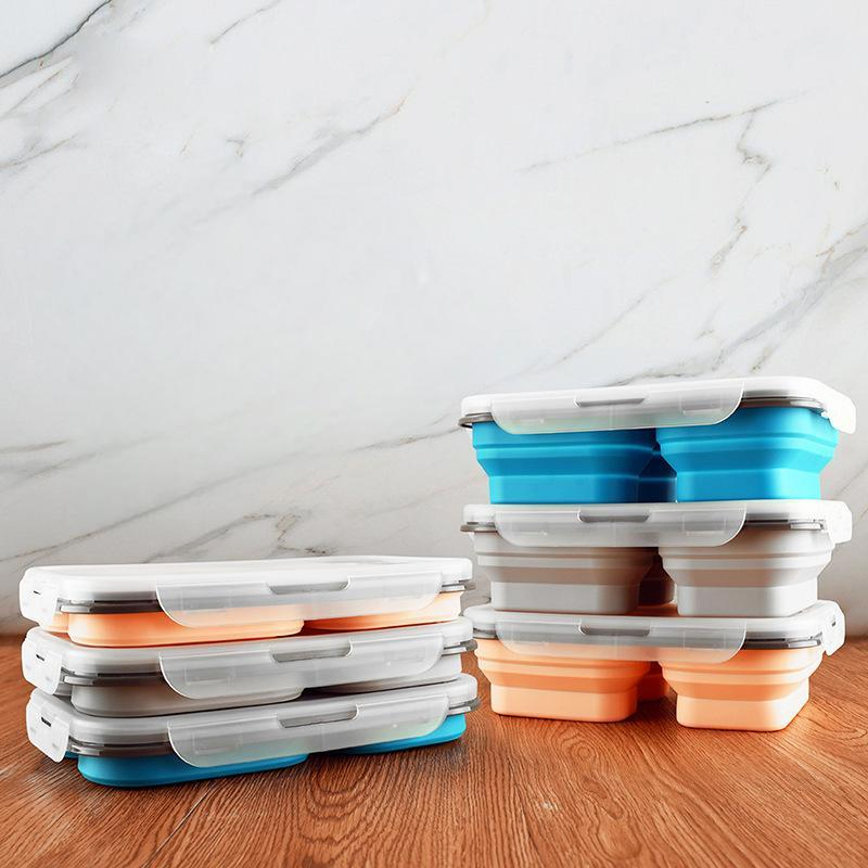 Outdoor Folding Portable Silicone Lunch Box with Compartments, Bento Box, Refrigerator Fresh-Keeping Box, Silicone Bowl, Microwave Heating Lunch Box