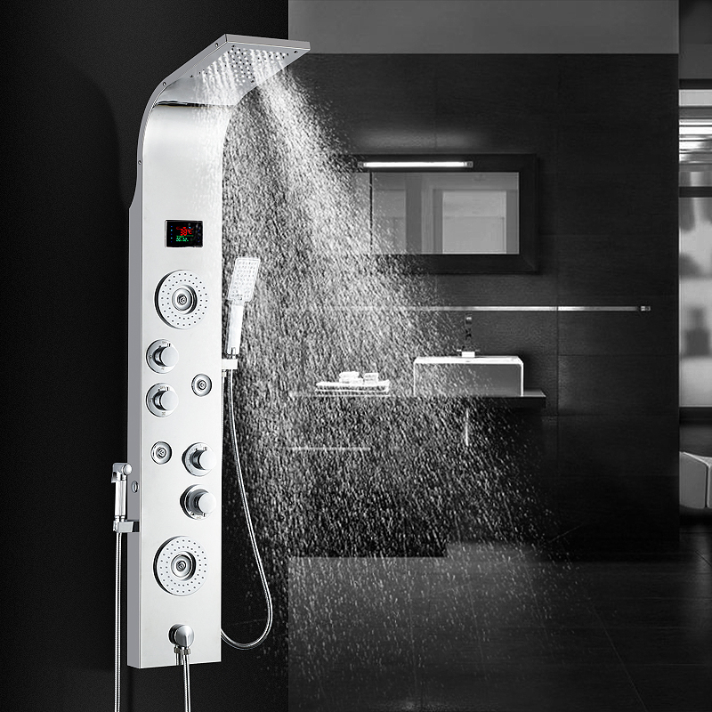 LED Bath Shower Faucet Stainless Steel Digital Display Bath Shower Panel Tower Shower