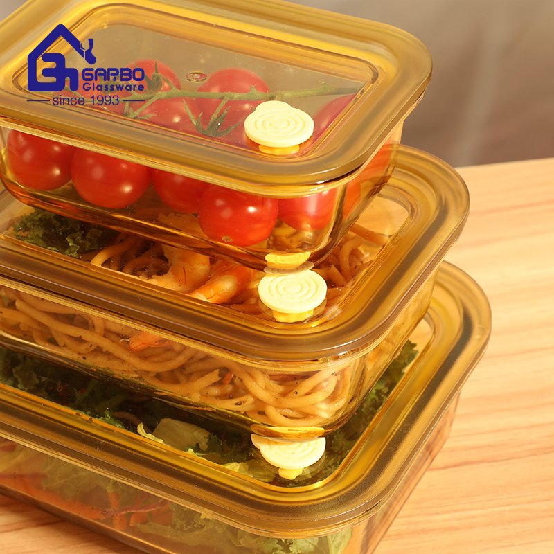 960ml Lunch Box in High Borosilicate Glass with Solid Amber Color LFGB Standard Food Contact Storage Container