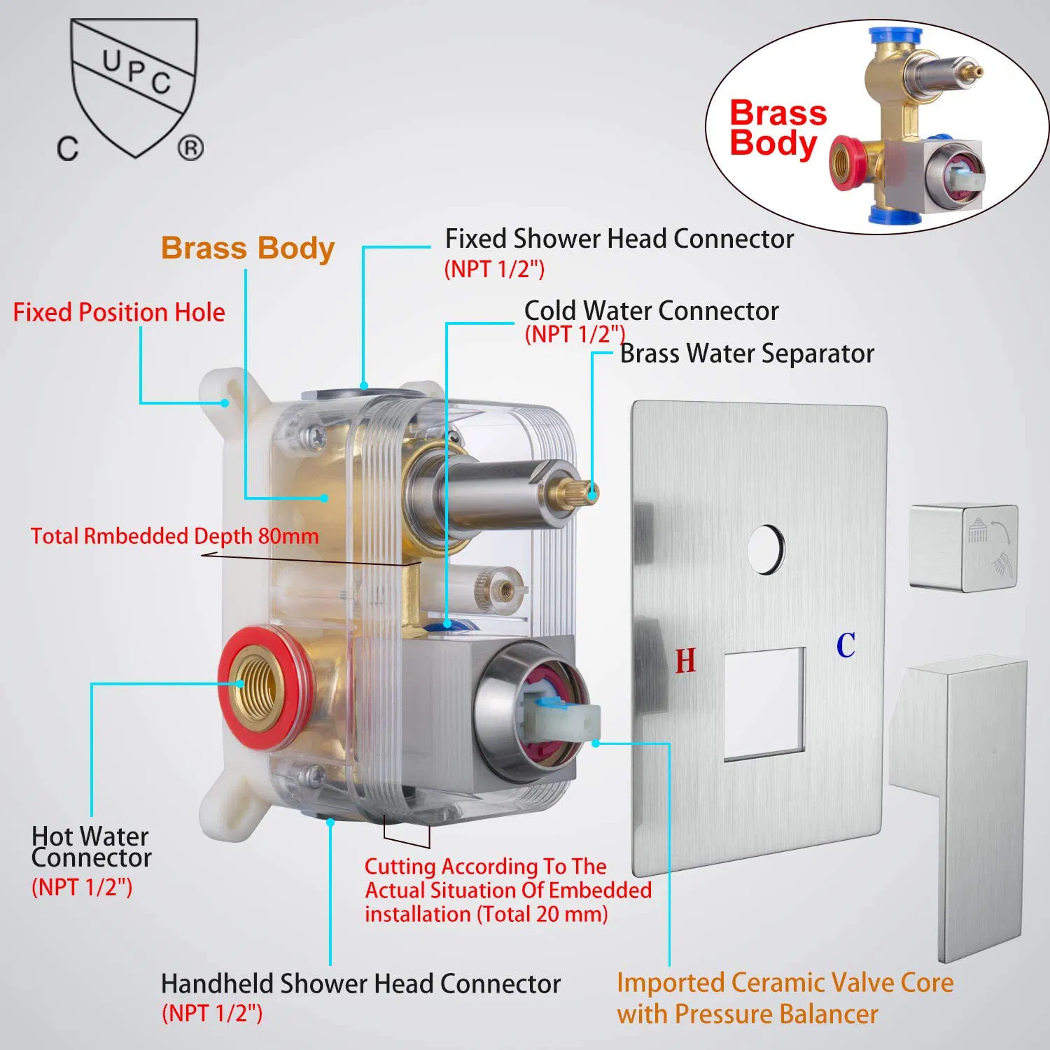 Wholesale Bathroom Single Lever Brushed Nickel Bath Thermostatic Diverter Square Concealed Shower Faucet Mixer