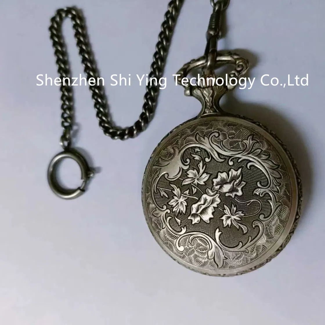 Antique Retro Vintage Railroad Silver Train Embossed Pocket Watch with Chain