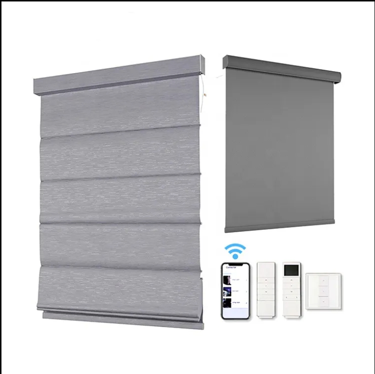 Roman Shades Blackout Motorized Polyester Cordless Smart Window Roman Blinds