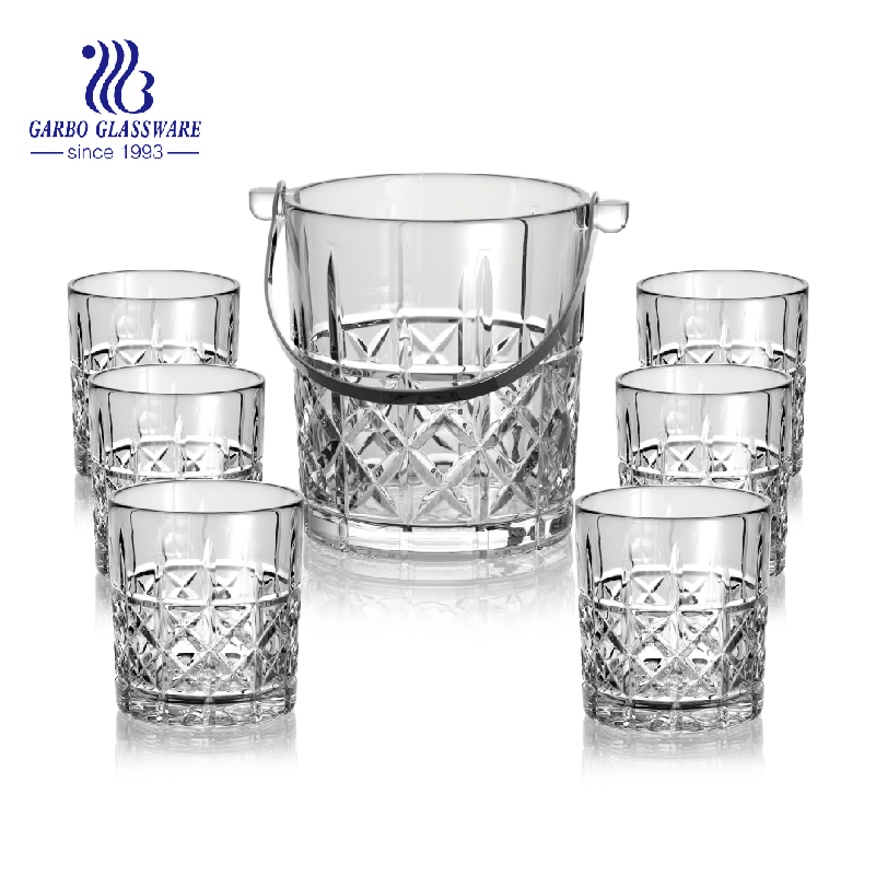 Wholesale High White 7PCS Glass Ice Bucket Set and 11oz Glass Whisky Tumblers with Iron Handle