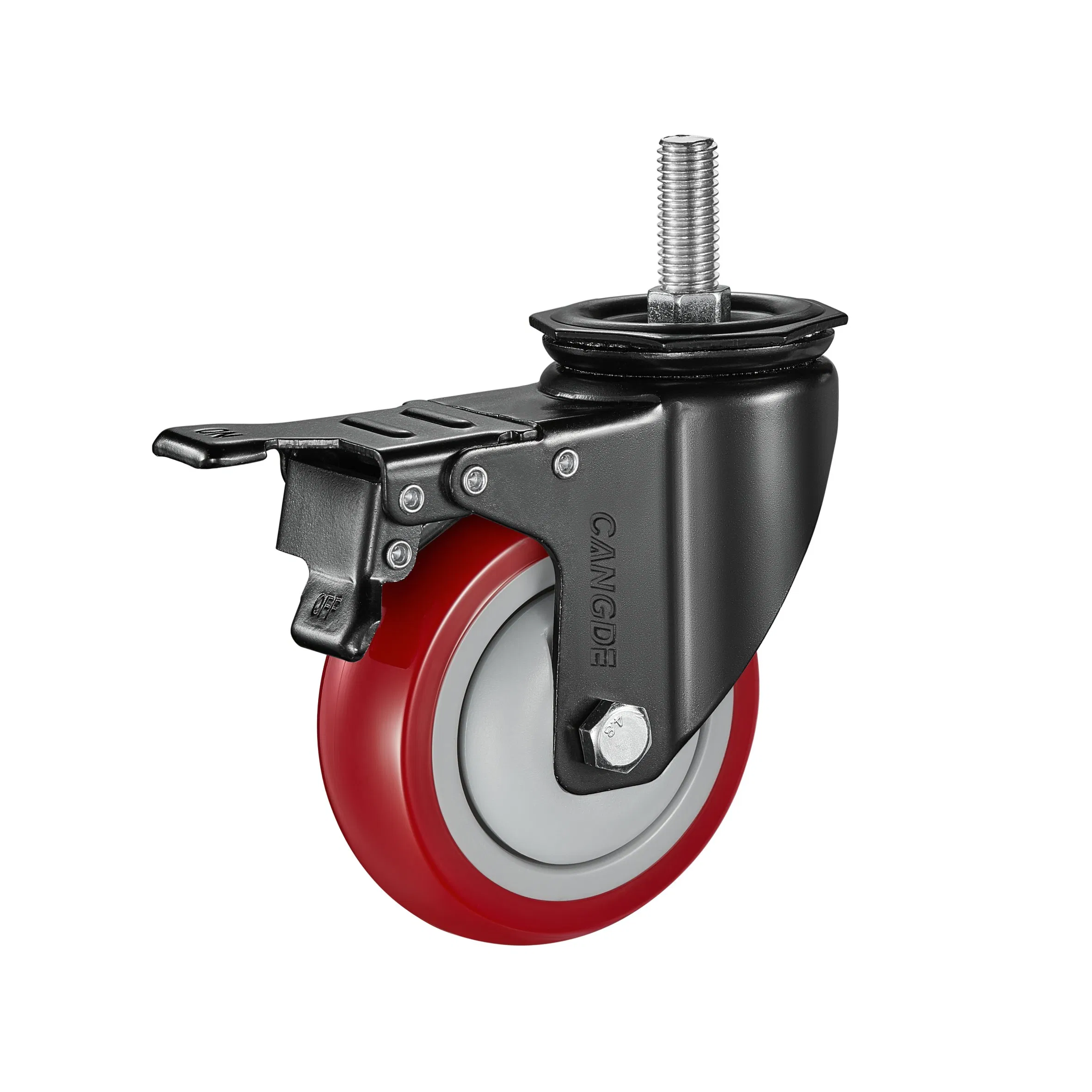 75mm100mm125mmthread Stem Casters Swivel with Metal Brake Caster Red PU Industrial Caster Wheel