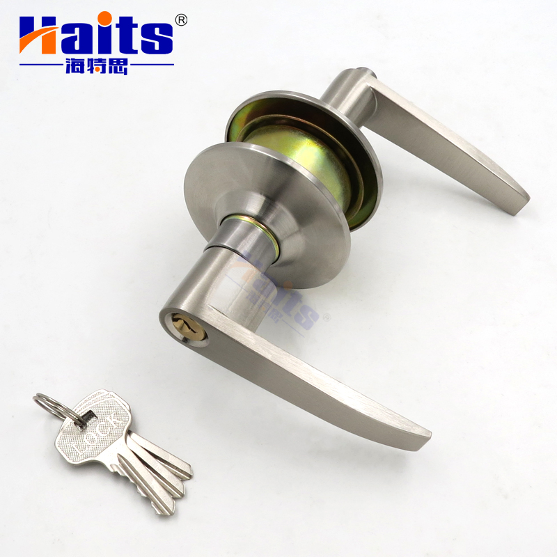 Satin Nickel L-Shape Keyed Entry Door Lever Set with Disk Rose