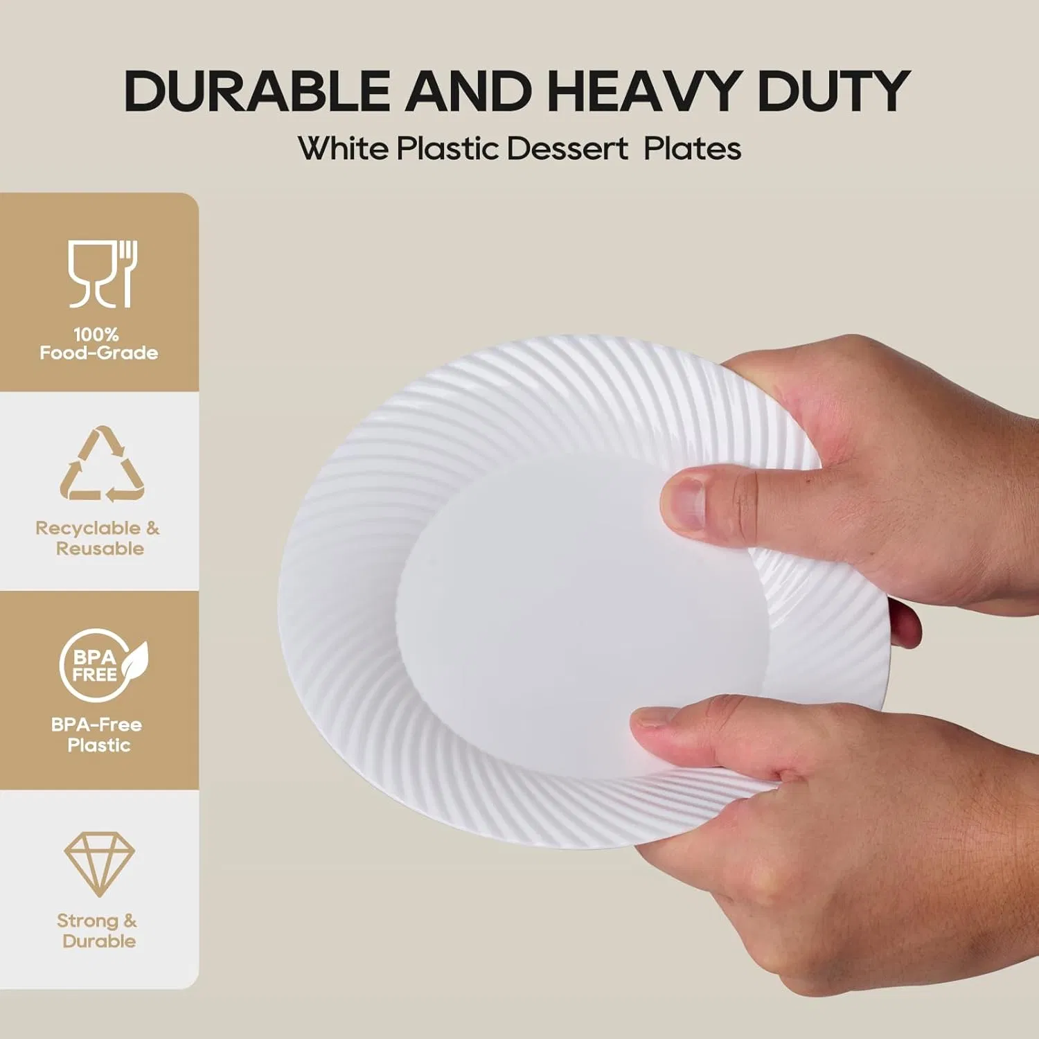 7 Inch White Plastic Plates with Threaded Rim Disposable Heavy Duty Salad Dessert Plates, Premium Hard Plastic for Weddings, Parties and Events