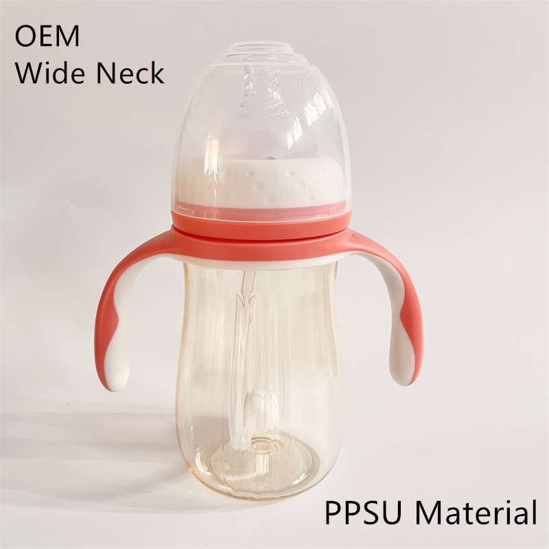 Customized Wide Neck PPSU Baby Feeding Bottle with Handle Soft Nipple for 0-1 Years Infant OEM Feeding Baby Product