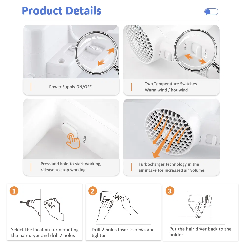 Professional Hotel Bathroom Wall Mounted 1300-Watt Negative Ion Electric Hair Dryer