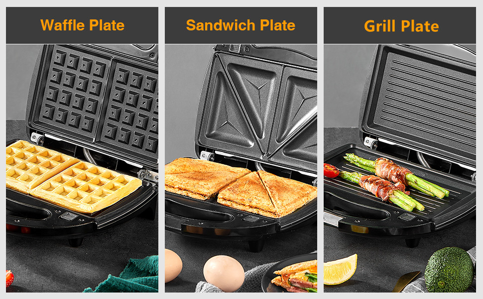 6 in 1 Deep Fill Sandwich Maker with Optinal Deep Non Stick Egg Waffle Donut Cartoons Cake Pop Plates