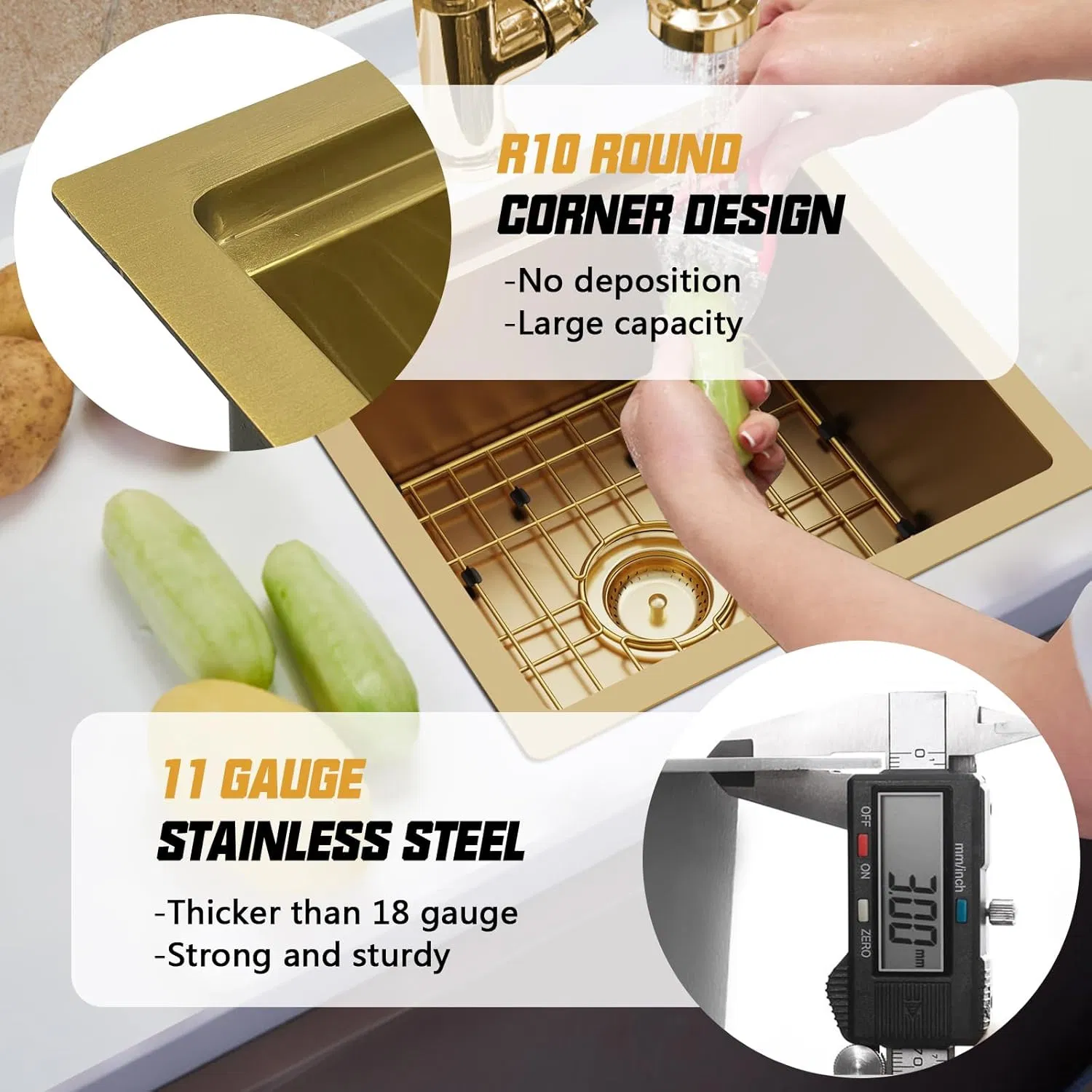 Gold Workstation, 15"X 17" Stainless Steel Drop in Single Bowl Gold Small Undermount Kitchen Sink