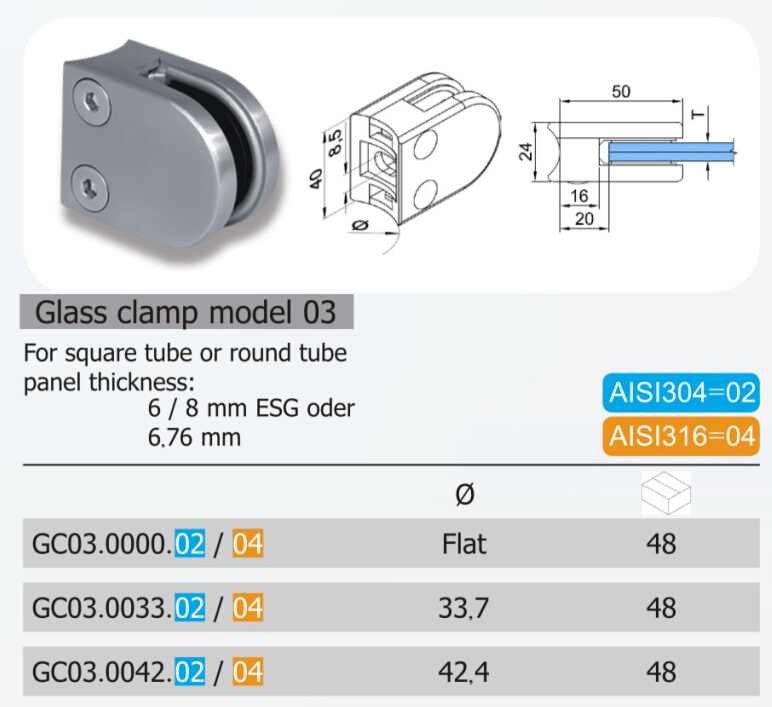 D Type 304, 316 Stainless Steel Glass Clamp (GC03.02/04)