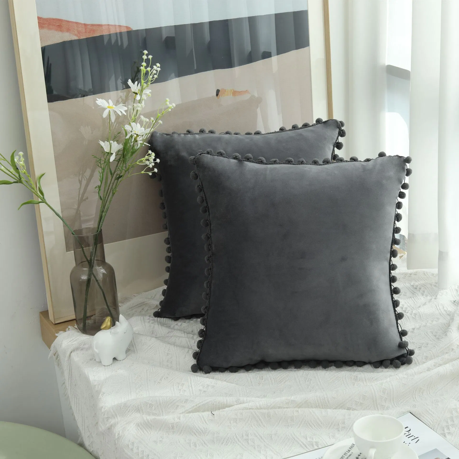 Throw Pillow Covers with POM Poms Soft Particles Velvet Solid Cushion Covers
