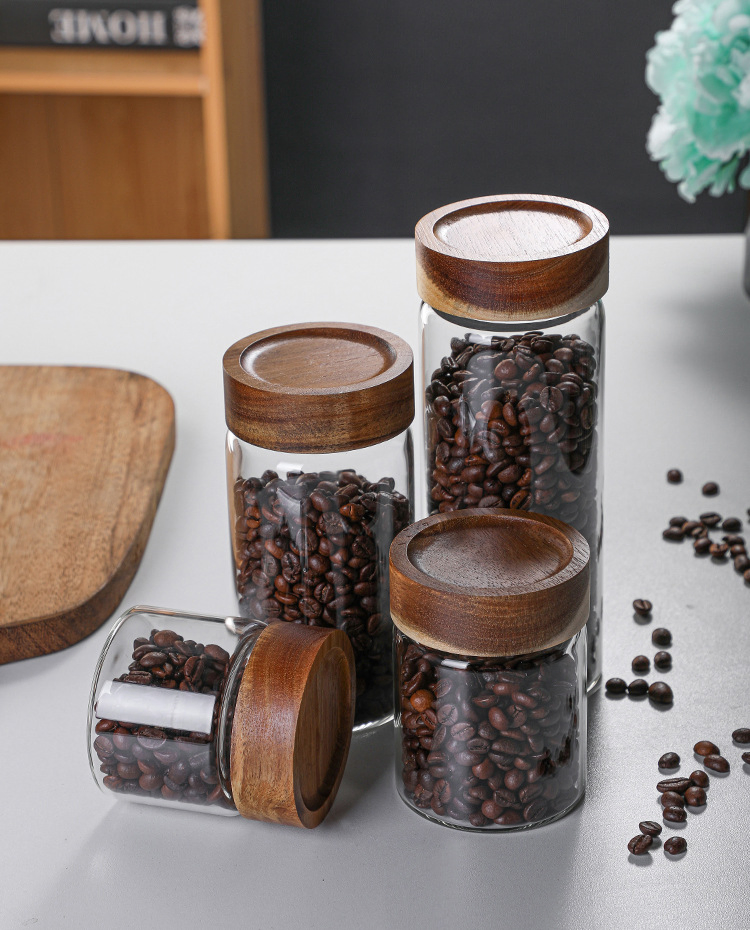 High Borosilicate Glass Home Kitchen Use Food Storage Container Canister Jar with Sealed Quality Wood Acacia Lid