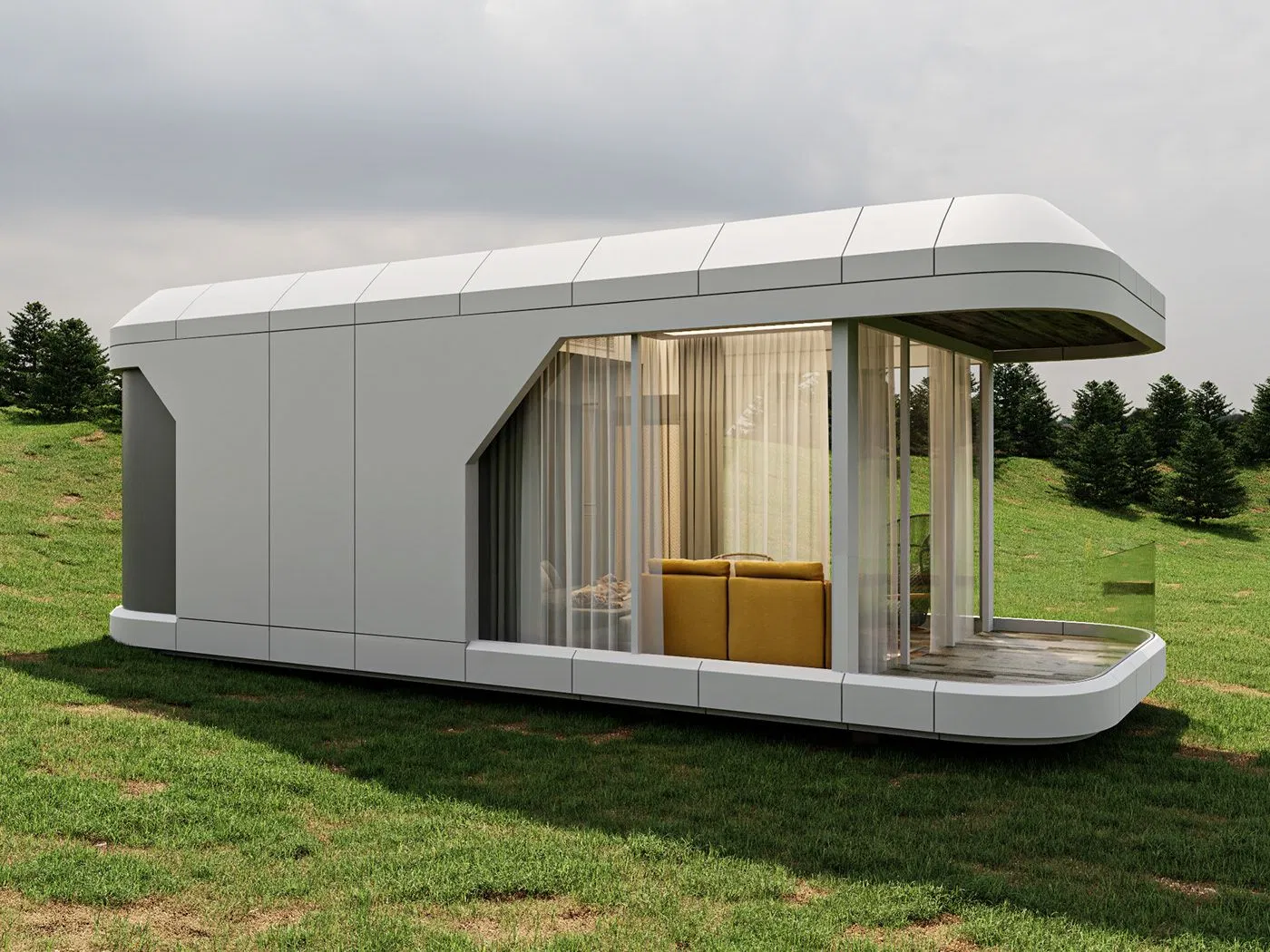 Futuristic Glass-Encased Living Pod with Galvanized Steel Frame