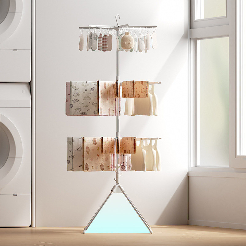 Factory Direct Supply Multifunctional Vertical Folding Clothes Drying Rack, 3-Tier Rotating Hanger with Clips for Underwear & Socks