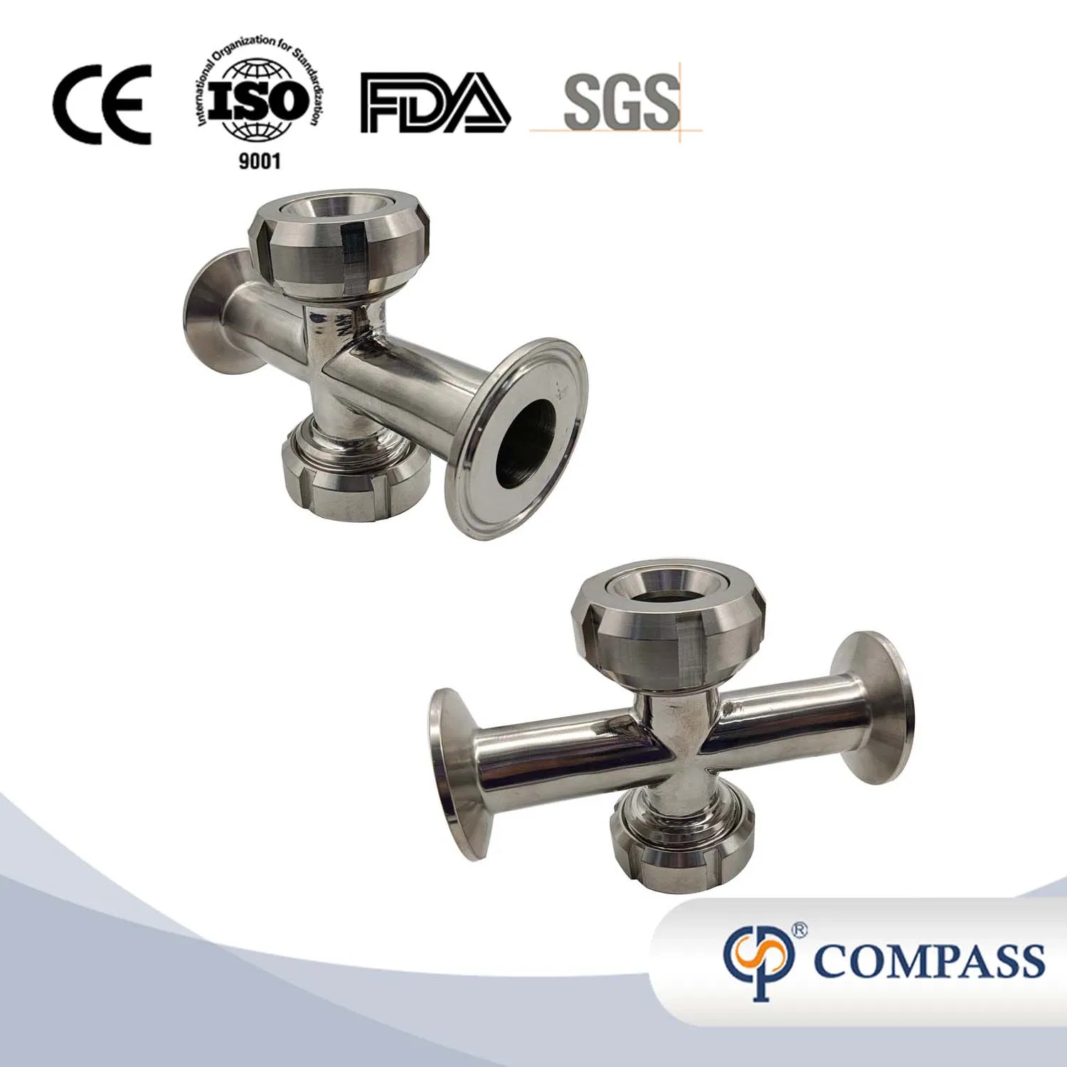 DN80 SS304 SS316L Sanitary Stainless Steel Union Type Four Way Cross Sight Glass with PTFE Gasket