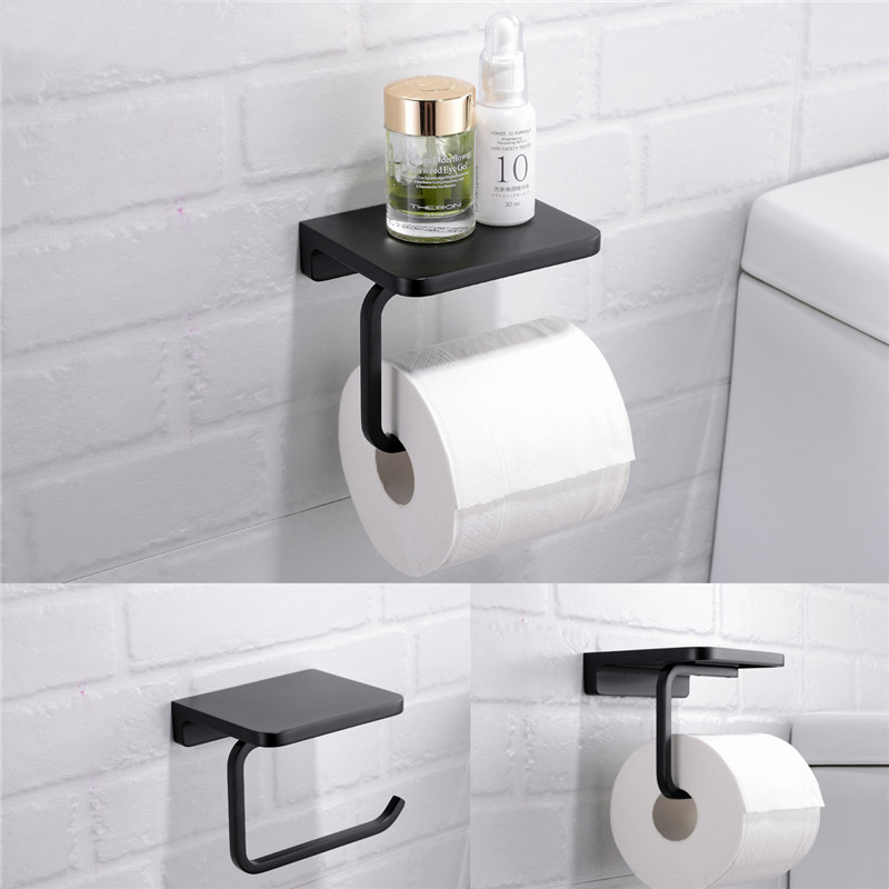 Toilet Tissue Holders Black&Chrome&Gold Bathroom Paper Holder with Phone Shelf