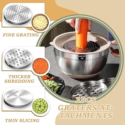 Stainless Steel Mixing Bowls with Lids, 26-Piece Set with Grater Attachments