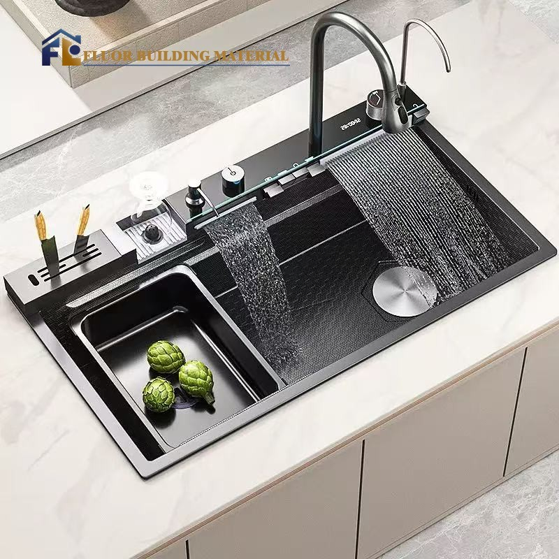 Waterfall Kitchen Bowl Flying Rain Nano Stainless Steel Smart Sink Black