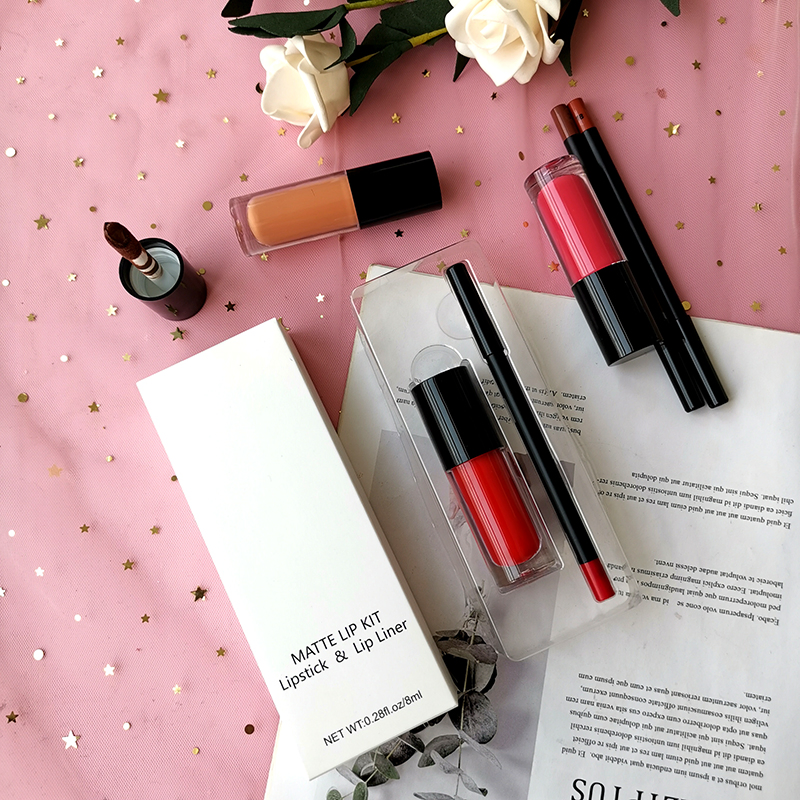 Makeup Kit Private Label Cruety Free Vegan Liquid Lipstick Glossy Pigmented Lip Liner and Lip Stick Set Custom Logo