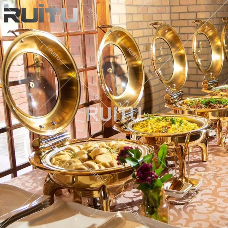 Restaurant Equipment in Guangzhou 6L Chefing Dish Buffet Stove Catering Stainless Steel Round Hydraulic Chafing Dish with Glass Lid Luxury Gold Chaffing Dishes