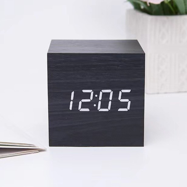 Square Digital LED Alarm Clock Wood Retro Glow Clock Desktop Table Decor Voice Control Snooze Function Desk Clock